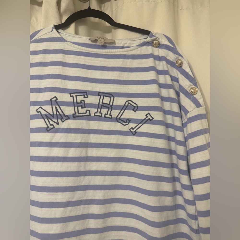 LOFT 100% Cotton Long Sleeve Stripes “Merci” Tee in Blue and White XL - Picture 4 of 6